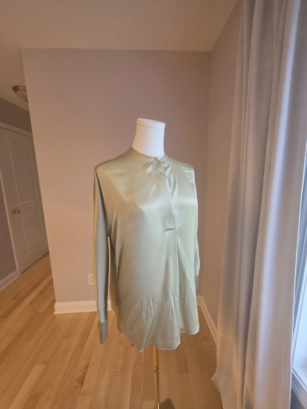Vince Satin Sage Green Long-Sleeve Blouse